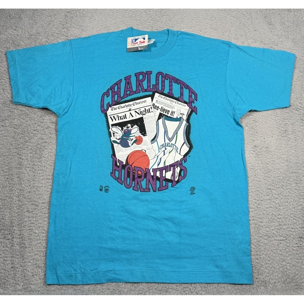 RARE VTG Front Pages Charlotte‎ Hornets Newspaper Print Mens L Single Stitch NWT